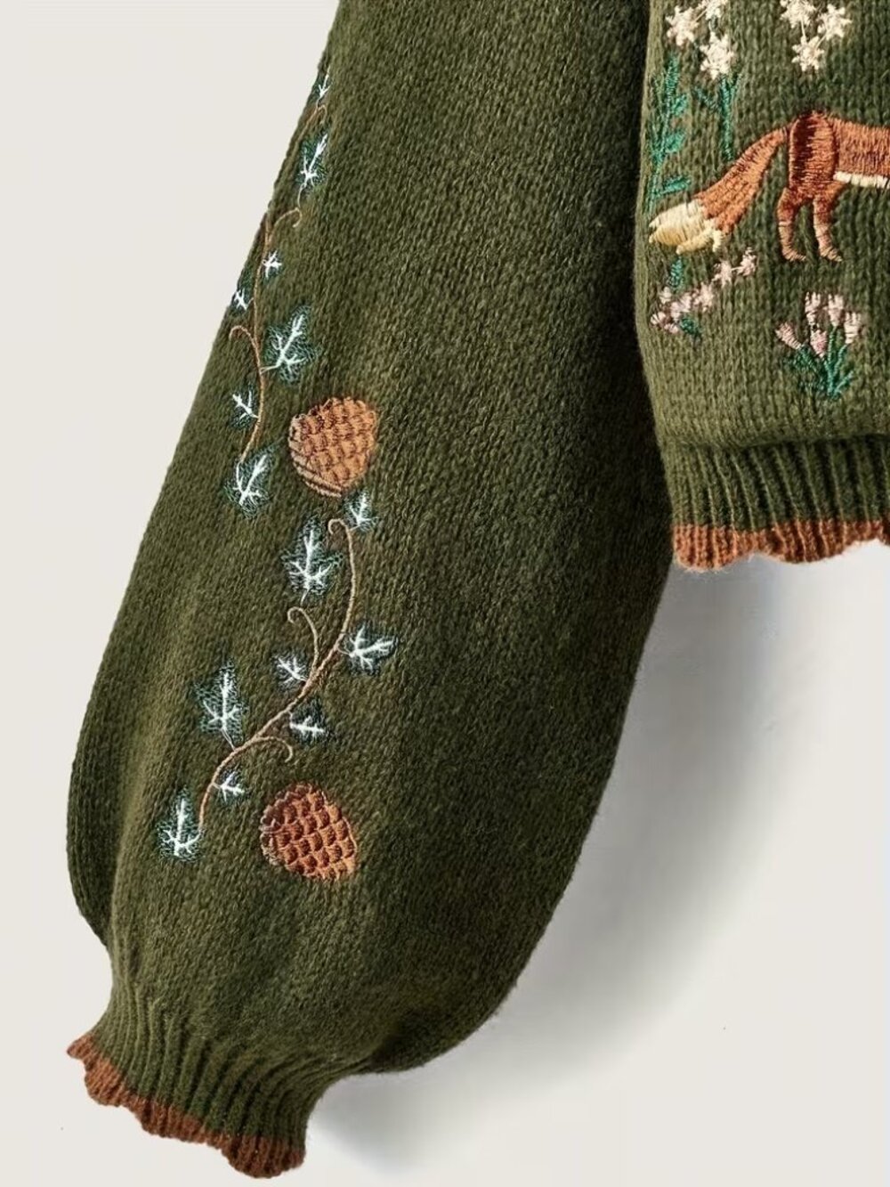 Button Up Fox Nature Army Green Cardigan With Pockets - Picture 3 of 5